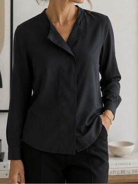 LAREIDA Black Hidden Button Front Blouse Size 40 Portugal Minimalist Long Sleeve